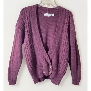 Jayson Younger Plum Cable Knit 100% Wool Wrap‎ Style Cardigan Women's Large VTG